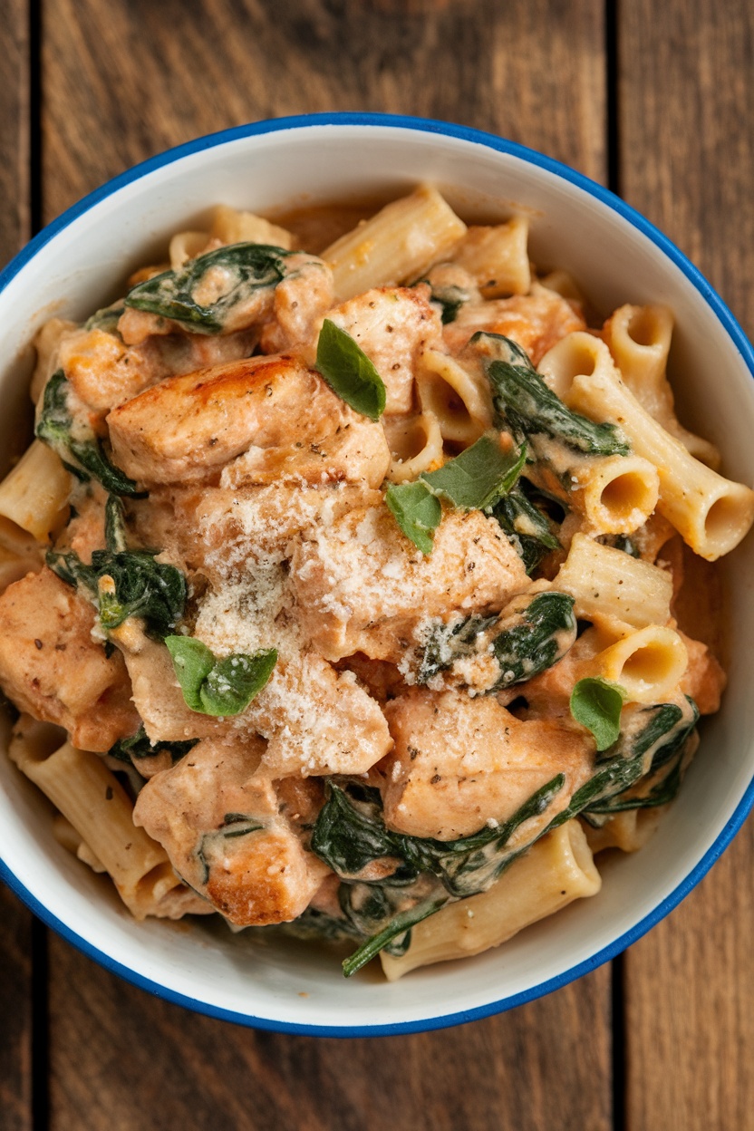 A bowl of creamy one-pot chicken and spinach pasta with diced chicken, spinach, and Parmesan cheese, displayed on a wooden table.